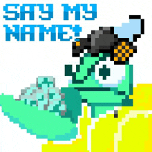 a pixel art of a turtle with the words say my name on it