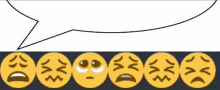 a speech bubble is above a row of smiley faces with different facial expressions