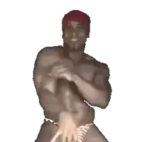 a shirtless man in a red hat is dancing without a shirt on .