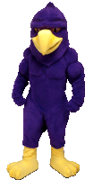 a purple mascot with a yellow beak is standing with his hands on his hips