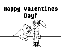 a black and white drawing of a couple of cartoon characters standing next to each other .