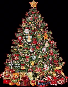 a christmas tree with a star on top is surrounded by presents