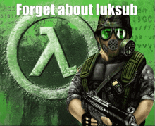 a man in a gas mask is holding a gun in front of a green lambda logo