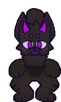 a pixel art of a black cat with purple eyes and horns