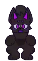 a pixel art of a black cat with purple eyes and horns