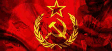 a red flag with a hammer and sickle in a laurel wreath .