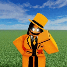 a cartoon character in a yellow suit and top hat