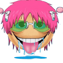 a cartoon character with pink hair and green eyes has a tongue hanging out