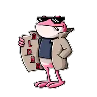 a frog wearing sunglasses and a trench coat holds a piece of paper that says ld ha