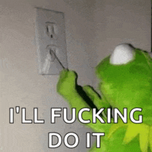 kermit the frog is plugging a cord into a light switch .