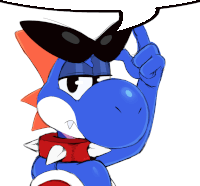 a blue cartoon character wearing sunglasses and a red collar