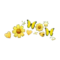 a bunch of yellow flowers with butterflies and hearts on a white background