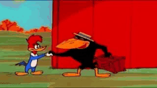 woody woodpecker and a crow are shaking hands in front of a red wall .