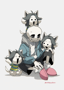 a cartoon drawing of a skeleton sitting on the ground with three small dogs