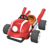 a red mario kart car with a baseball cap on