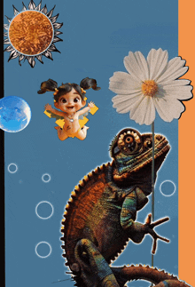 an illustration of a lizard holding a flower with a little girl flying in the background