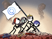 a group of stick figures holding a white flag with a blue circle in the middle