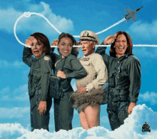 a group of people in military uniforms are standing in the clouds with a plane flying overhead