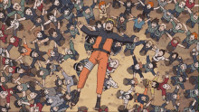 a cartoon of naruto surrounded by a crowd of people with one wearing a shirt that says ' naruto ' on it