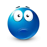 a blue smiley face with big eyes and a sad look on his face