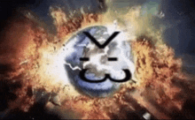 a globe with a face on it is being destroyed by a nuclear explosion .