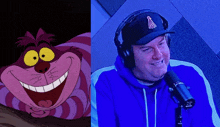 cheshire cat from alice in wonderland is next to a man wearing headphones