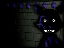 a cartoon character with glowing eyes and purple stars on a brick wall