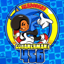 a cartoon of a man dressed as sonic the hedgehog with the number 456 below him