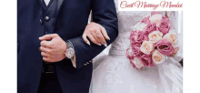 a bride and groom are standing next to each other with a bouquet of pink and white roses in the foreground