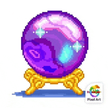 a pixel art illustration of a crystal ball on a gold stand .