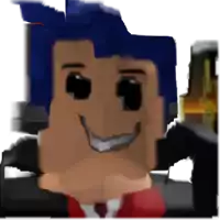 a pixel art of a man with blue hair and a red shirt