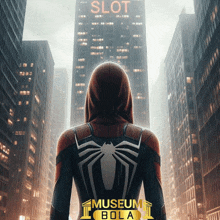 a man in a spiderman costume stands in front of a slot sign