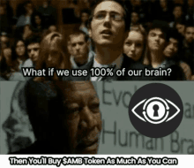 a man with glasses stands in front of a crowd asking what if we use 100 % of our brain