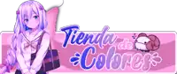 a girl with purple hair is sitting in front of a pink sign that says tienda de colores