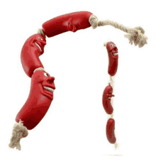 a string of red sausages with smiling faces on them