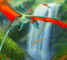 a dragon is flying over a waterfall in a painting