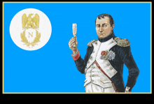 a painting of napoleon holding a glass of champagne in front of a white circle with the letter n on it