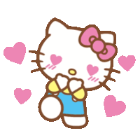 a hello kitty surrounded by pink hearts with a bow on her head