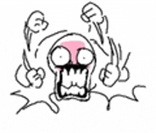 a cartoon drawing of a skull with a pink face and a fist .