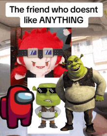 shrek and among us are among the cartoon characters featured in this meme