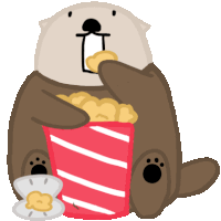 a cartoon otter is eating popcorn from a red striped bucket