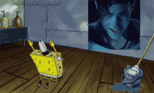 a cartoon of spongebob and a mop in front of a picture of a man