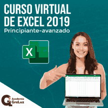 a woman is holding a laptop in front of a sign that says " curso virtual de excel 2019 "