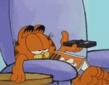 garfield is sitting in a chair holding a remote control and a book .