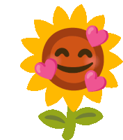 a smiling sunflower with pink hearts around its face