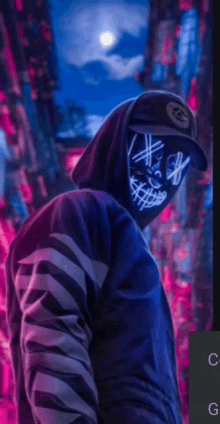 a man wearing a neon mask and a hoodie is standing in front of a building .