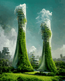 a painting of a futuristic city with tall buildings covered in plants