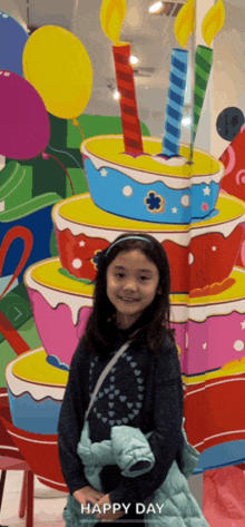 a little girl is standing in front of a birthday cake with candles on it