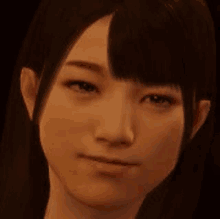 a close up of a woman 's face in a video game with a dark background .