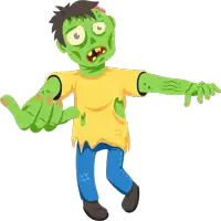 a cartoon illustration of a zombie with a yellow shirt and blue jeans